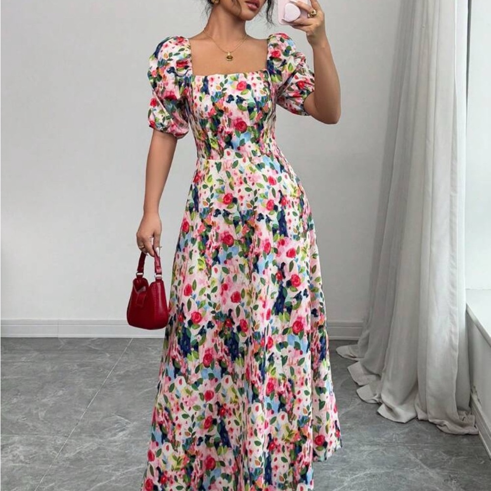 Vibrant Floral Maxi Dress with Puff Sleeves